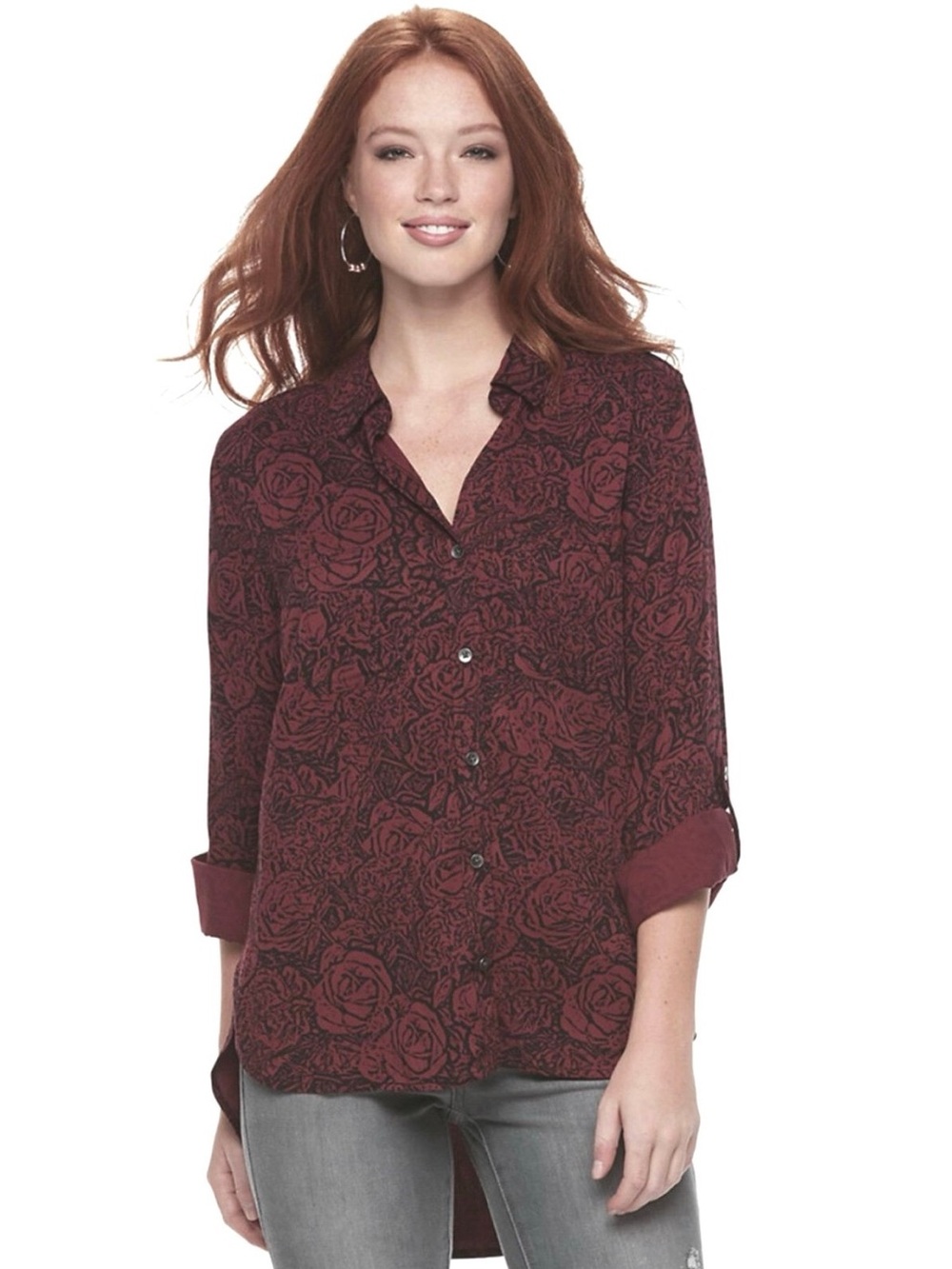Rock & Republic Burgundy Floral Button Front Shirt size XL